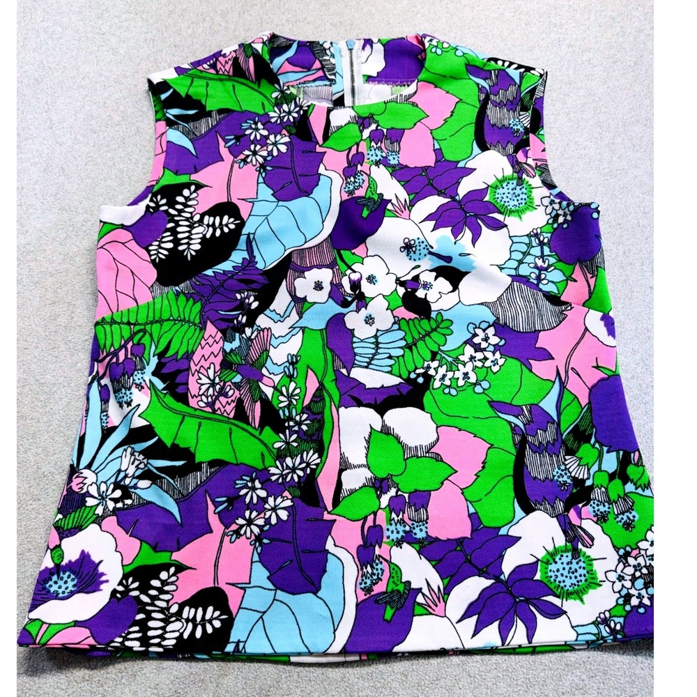 Vintage Floral Mod Blouse Womens M Multi Psychedelic 60s Sleeveless Top Boho